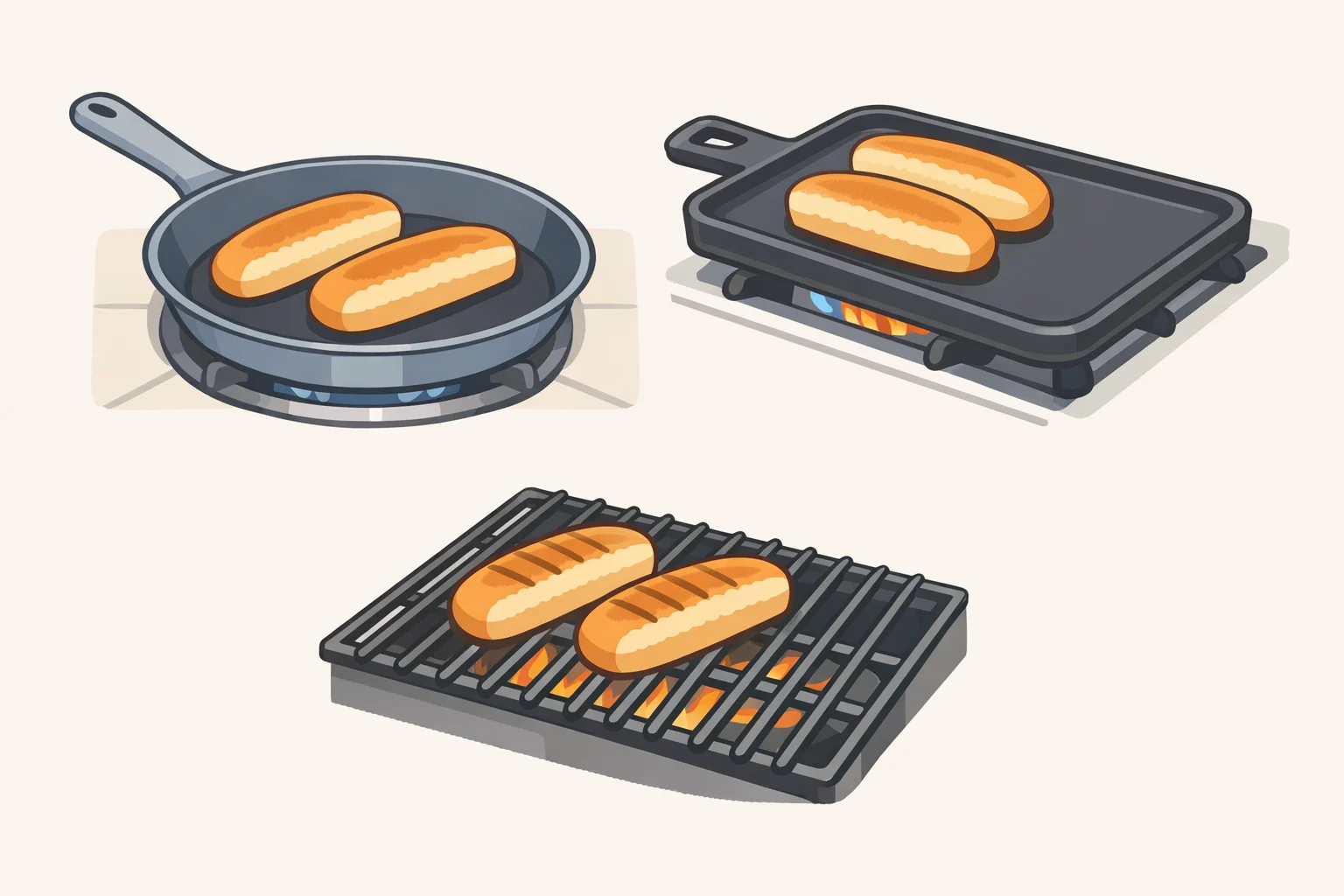 Three angles showing hot dog buns cut-side down on a skillet, on a cast iron griddle over a grill, and on an open grill grate for side-by-side surface comparison
