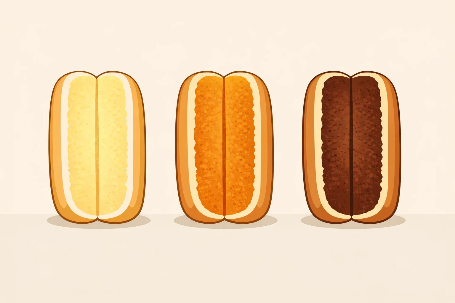 Three-panel image of hot dog bun cut faces at pale gold, amber, and dark brown stages to match the doneness described in how to toast hot dog buns