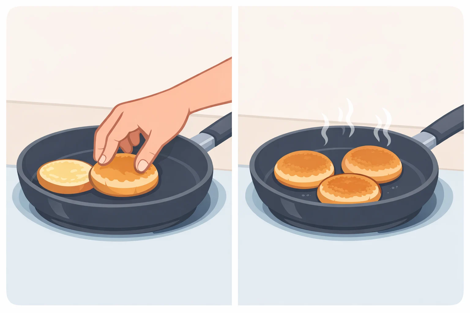 Close-up of a skillet with a split-top hot dog bun toasted cut-side down after an even butter layer is spread