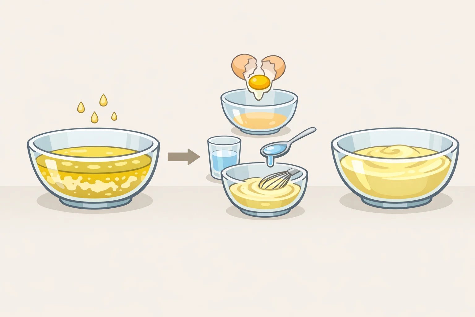 Illustration of a broken garlic aioli bowl with oil pooling on top next to options to fix it: whisking in ice water, slowly combining into a fresh egg yolk, or starting a new yolk base