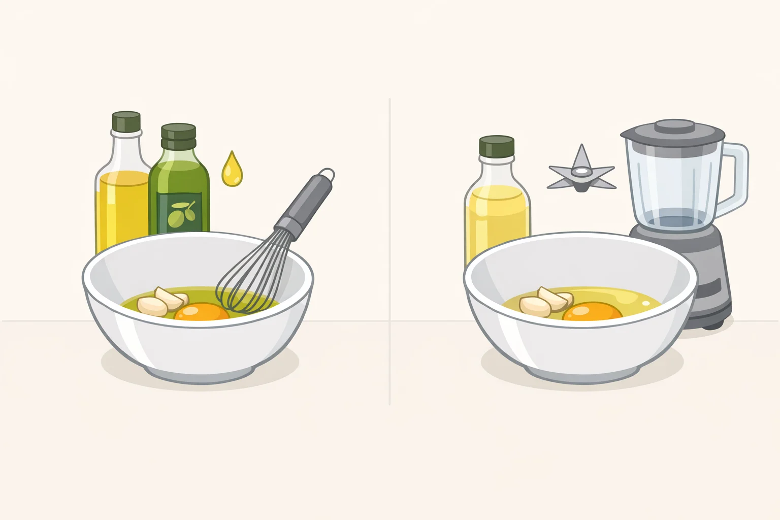 Comparison diagram showing oil choice for how to make garlic aioli: neutral oil base finished with extra virgin olive oil for hand whisking, versus refined olive oil recommended when using a blender to avoid bitterness