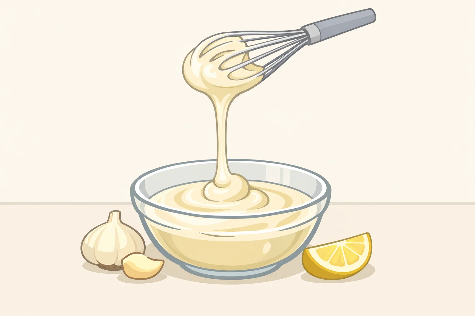 Illustration showing a whisk lifting pale ivory garlic aioli that ribbons, holds its shape briefly, and settles into a smooth creamy texture