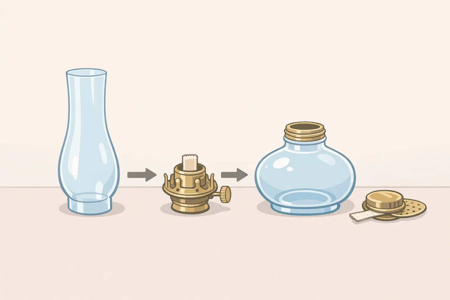 Illustration of a DIY floral arrangement with a lamp where the glass chimney, wick holder, and wick are disassembled and ready to be used as a tabletop vase reservoir