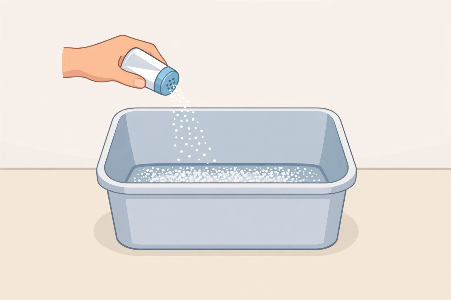 Illustration of pouring salt in trash canafter the bin is emptied and dried, a light layer of table salt is sprinkled across the bottom before a new bag goes in