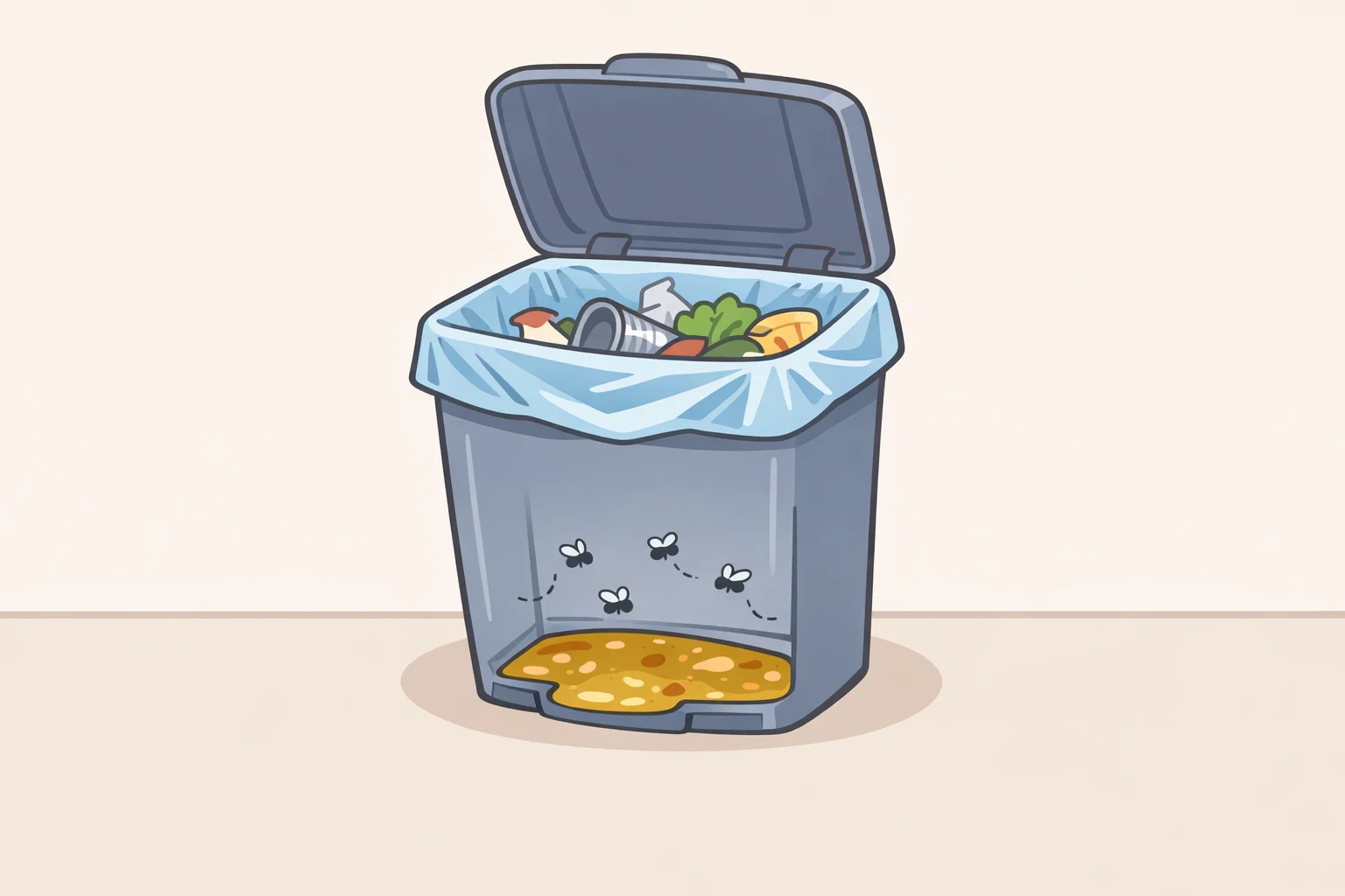 Cross-section illustration of a trash can with "garbage juice" pooled at the bottom, highlighting how warmth and moisture create conditions for flies