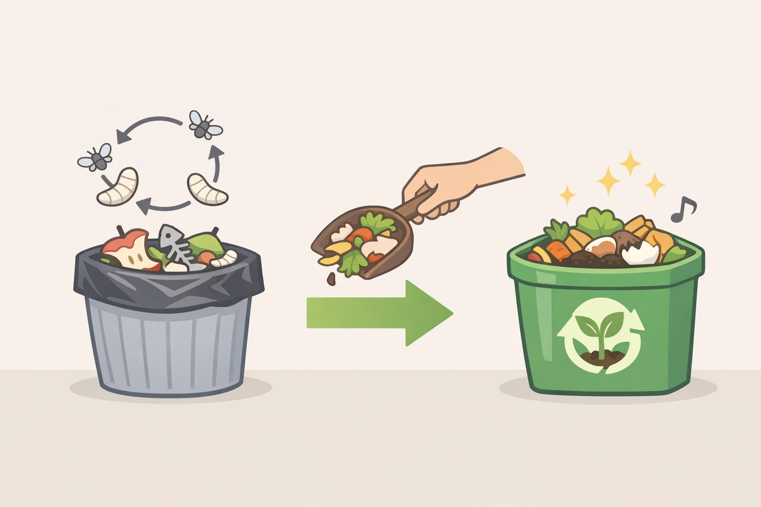 Diagram showing food scraps being composted instead of placed in regular trash, resulting in less organic material and fewer maggots in the trash bin