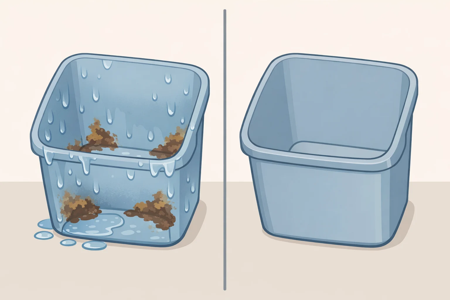 Illustration of a trash can interior after hosing, showing damp surfaces and sticky residue that can keep odors and encourage flies unless the bin is fully dried