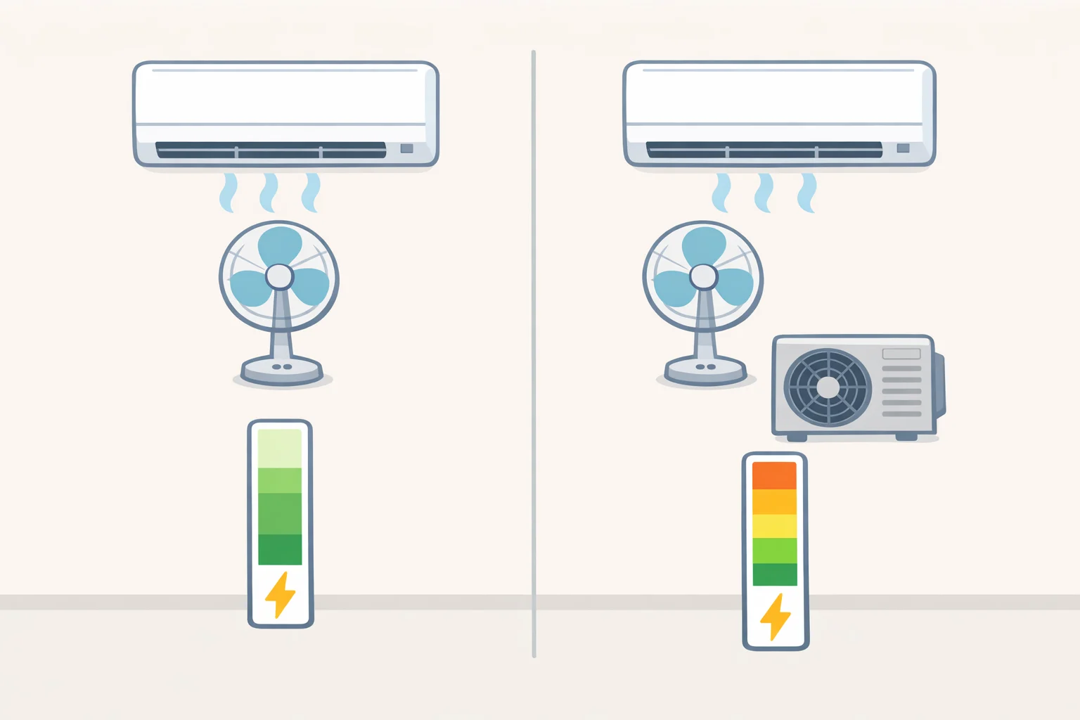 Bar chart comparing small ceiling fan wattage against much larger air conditioner compressor electricity, showing how fan-only increases cost when the thermostat isn't raised