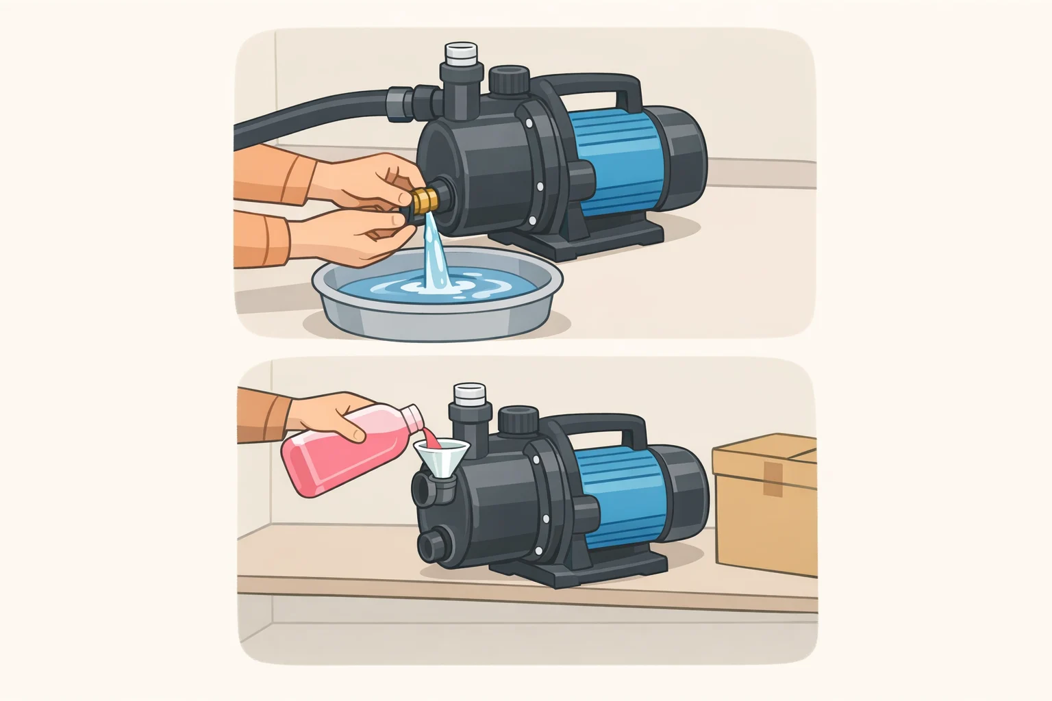Illustration of seasonal pressure washer maintenance: draining the pump and applying pump-protection solution to prevent freeze damage and seal wear