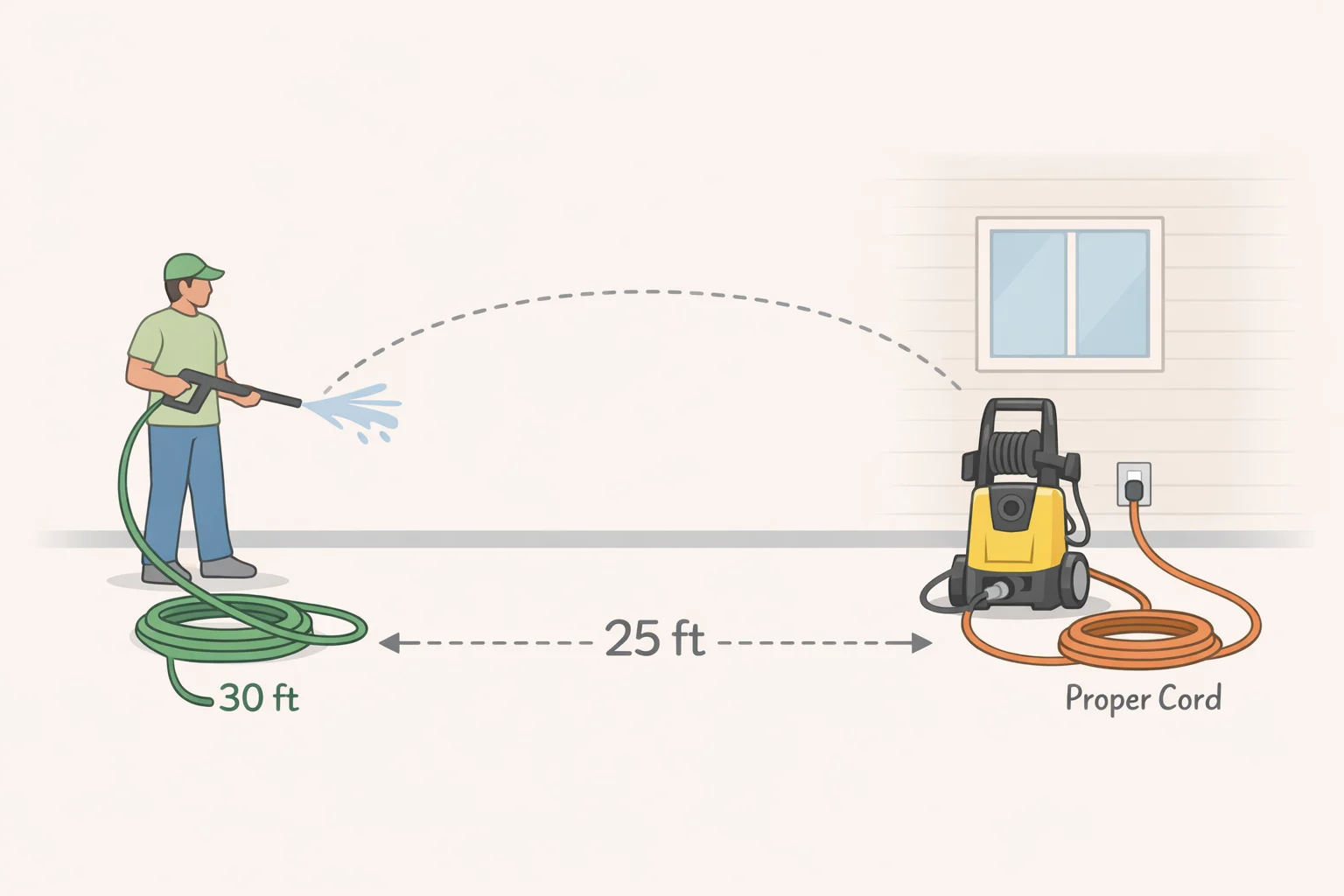 Illustration of a pressure washer setup with a 30-foot hose and 30-foot minimum cord to maintain safe operating distance and avoid extension cord usability issues