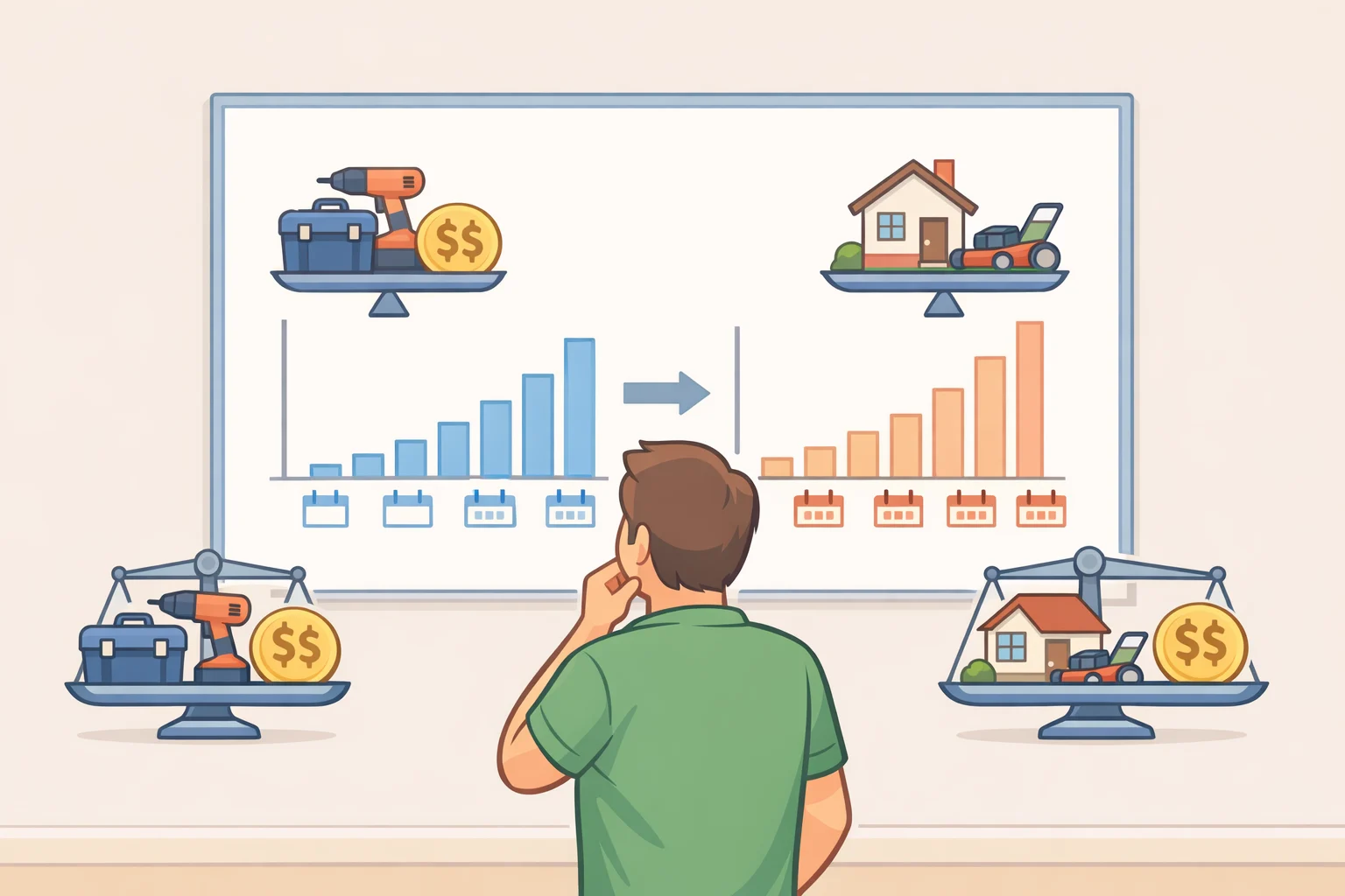 Illustration of pressure washer buying mistakes decision-making: a homeowner tallying expected uses per year and comparing renting versus buying costs