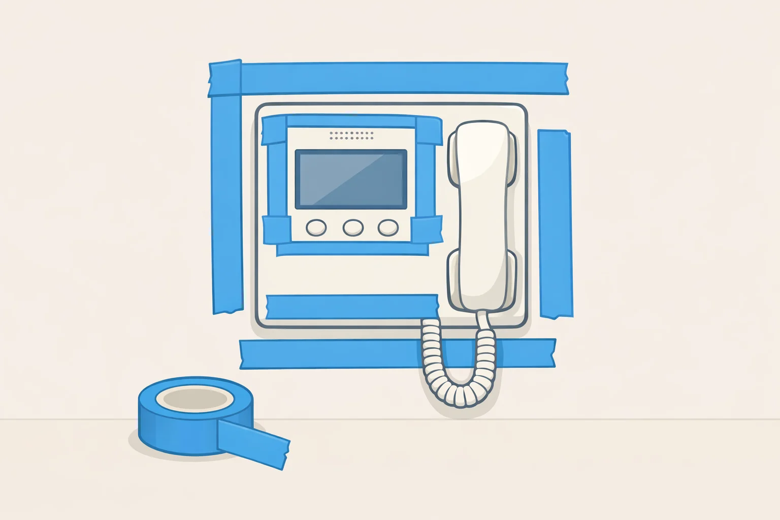Photo guide showing an apartment hallway intercom with painter's tape outlining speaker grille, buttons, camera lens, LED indicator lights, and posted notices for how to hide an intercom in a hallway by framing instead of blocking