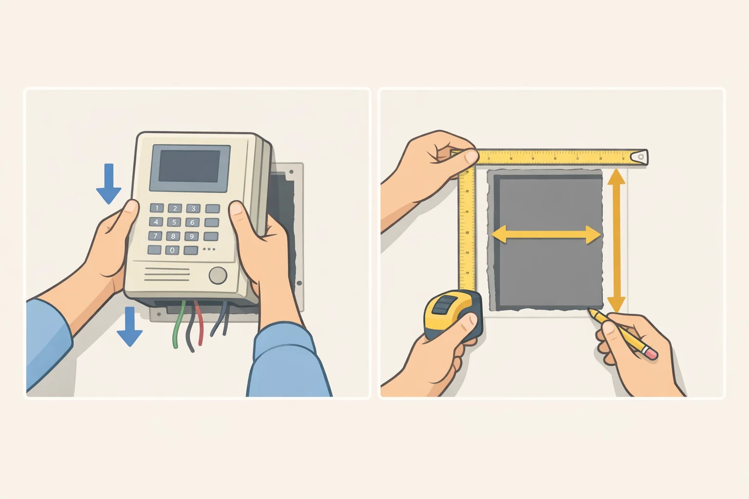 Illustration of removing a mounted gilded intercom frame after the building installs a new intercom, then remeasuring clearance zones before reinstalling