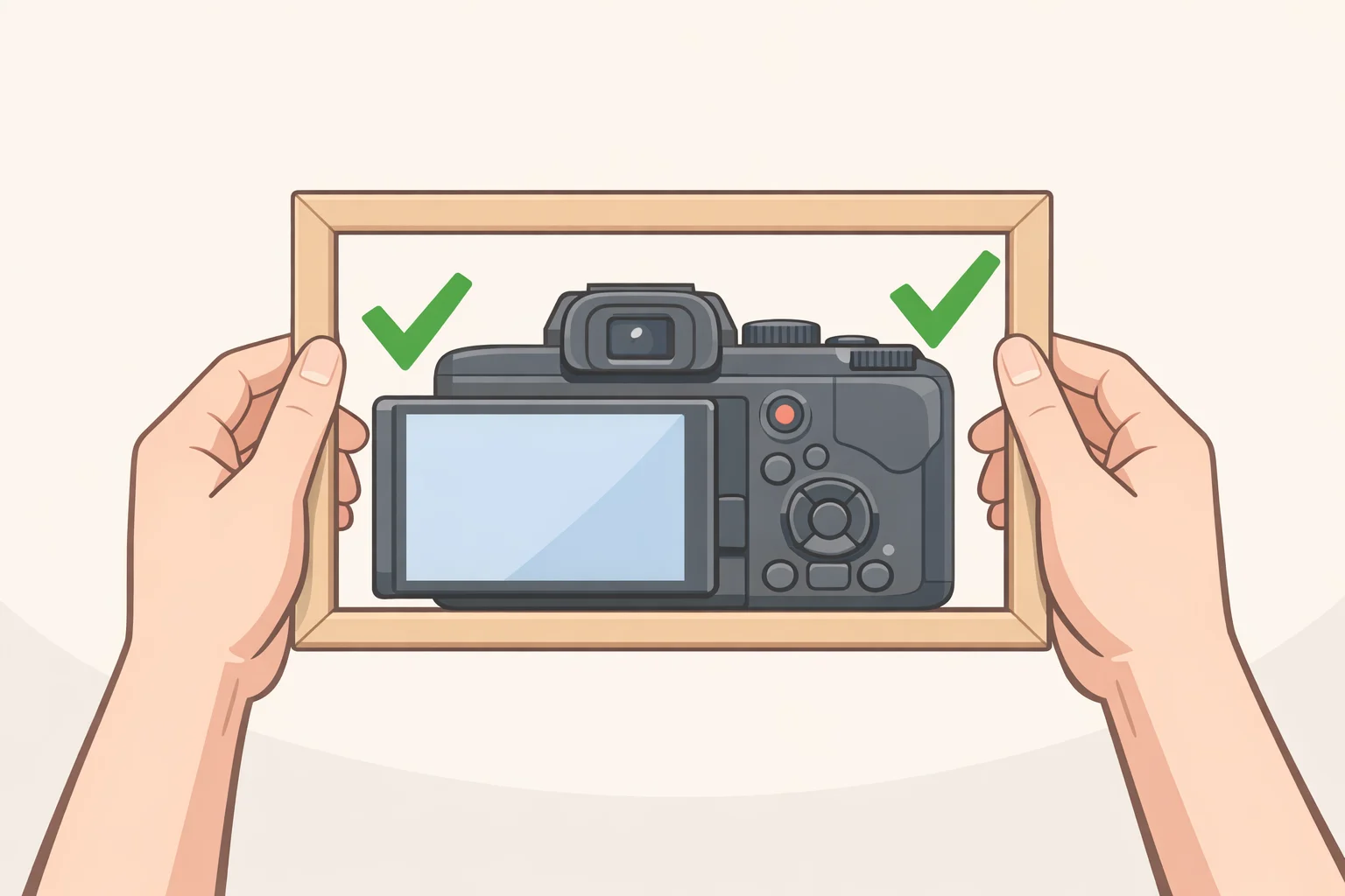 Illustration of a person holding a gilded frame against a hallway wall to verify the intercom buttons press fully and the camera lens and indicator lights are unobstructed