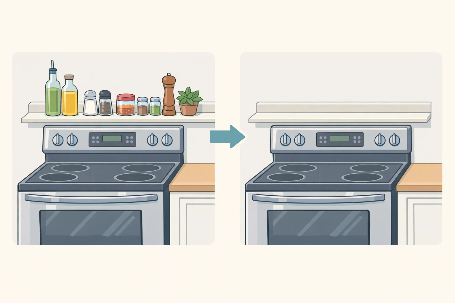 Kitchen scene with a 4-inch backsplash ledge beside the range holding oils and salt during cooking, then cleared back into cabinets to avoid open shelving clutter