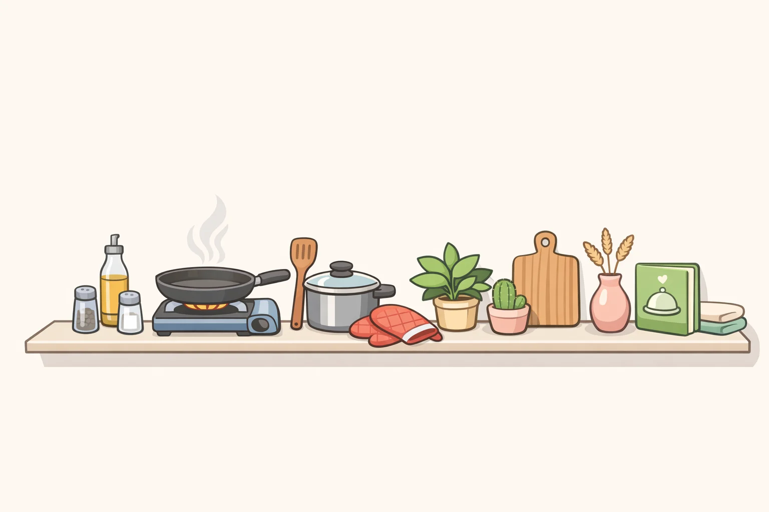 Backsplash ledge beside a cooktop showing a small set of oils, salt, and spices during cooking while decorative items and large clutter are kept off