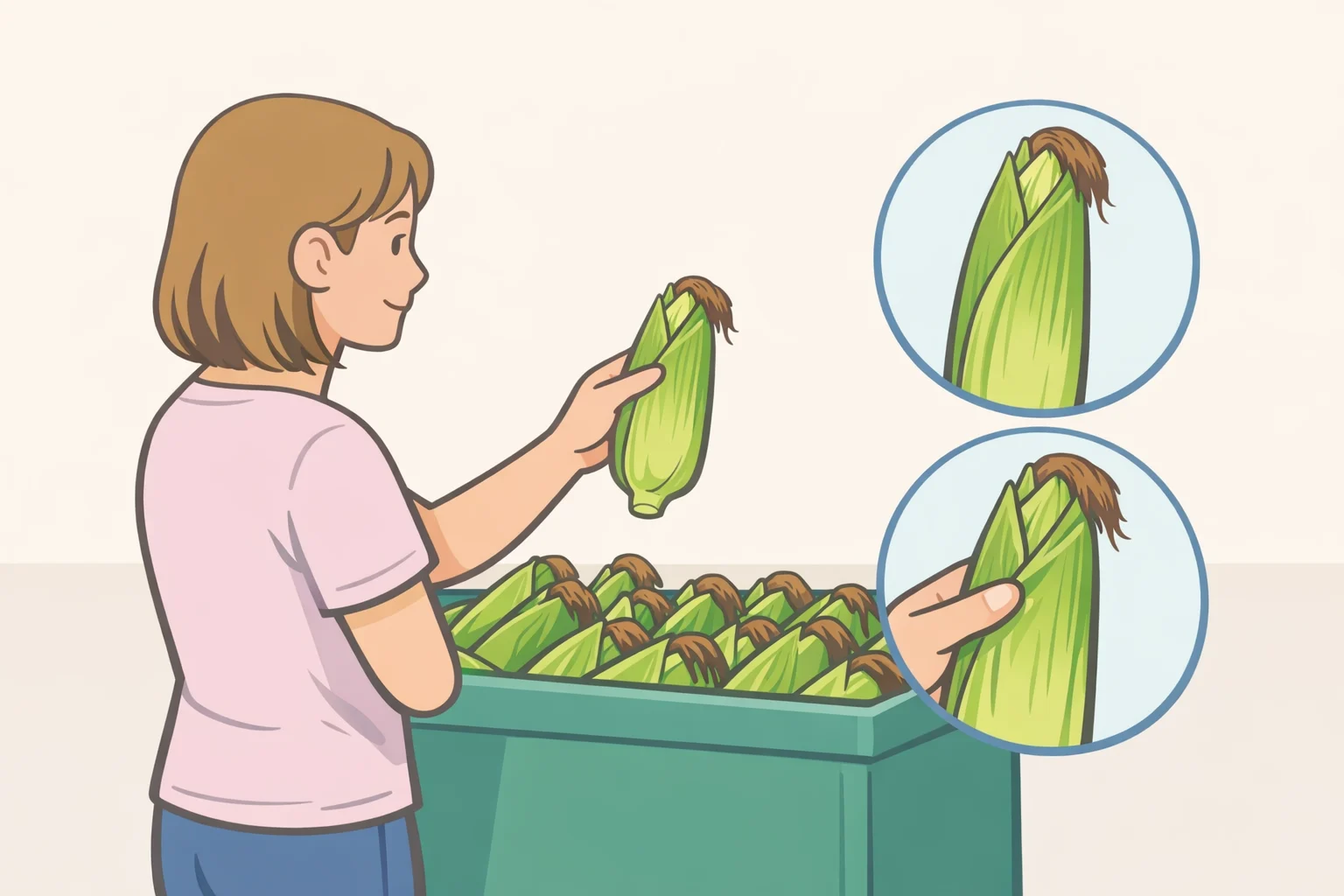 Illustration of a shopper visually checking bright green, snug husks at the produce binhow to pick fresh sweet corn using the husk-first freshness check