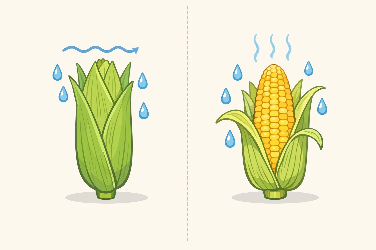 Close-up comparison of intact corn husk acting as a moisture barrier versus peeled kernels, showing why peeling removes protection