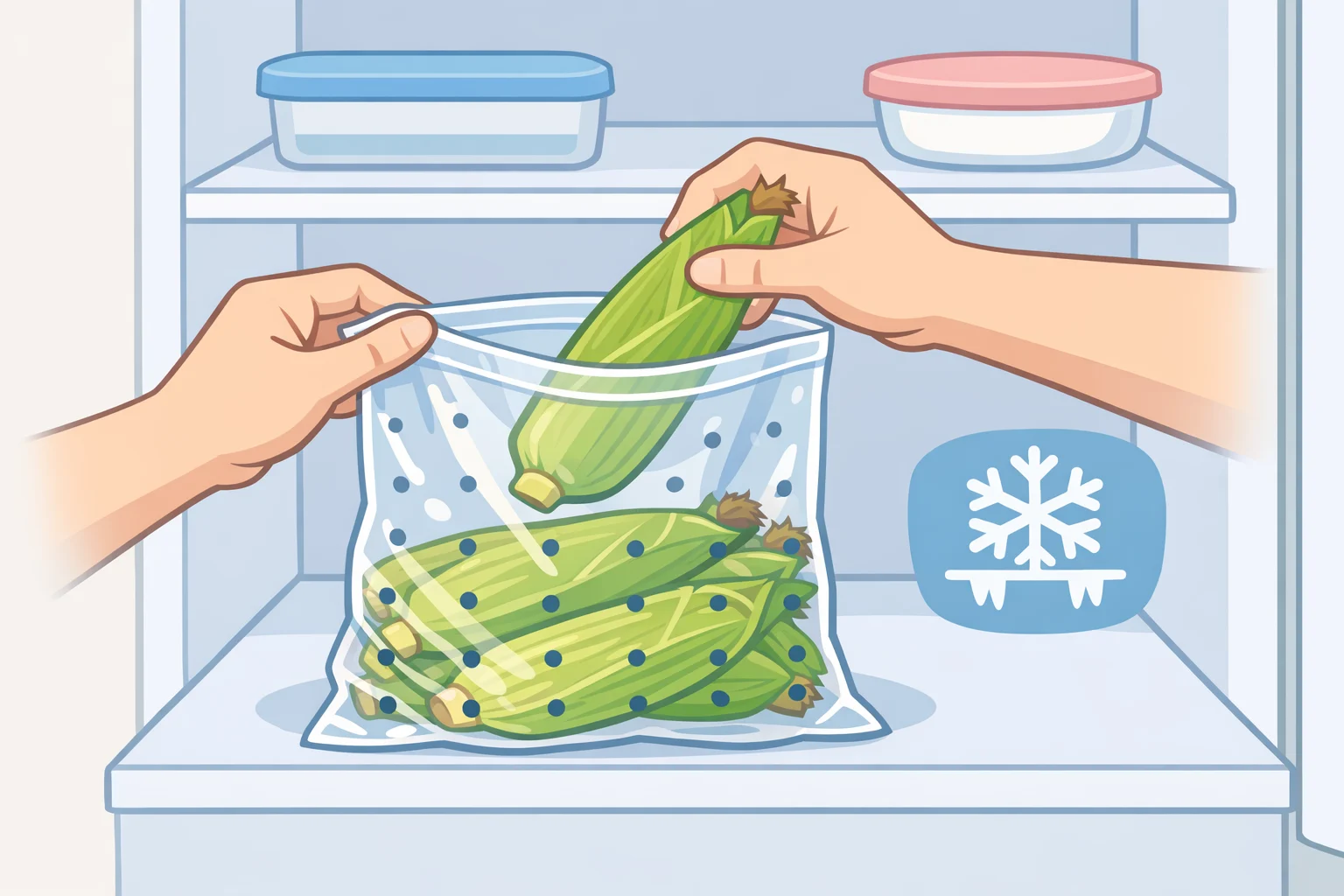 Illustration of uncooked sweet corn with husks on stored in a perforated plastic bag in the refrigerator to preserve sweetness