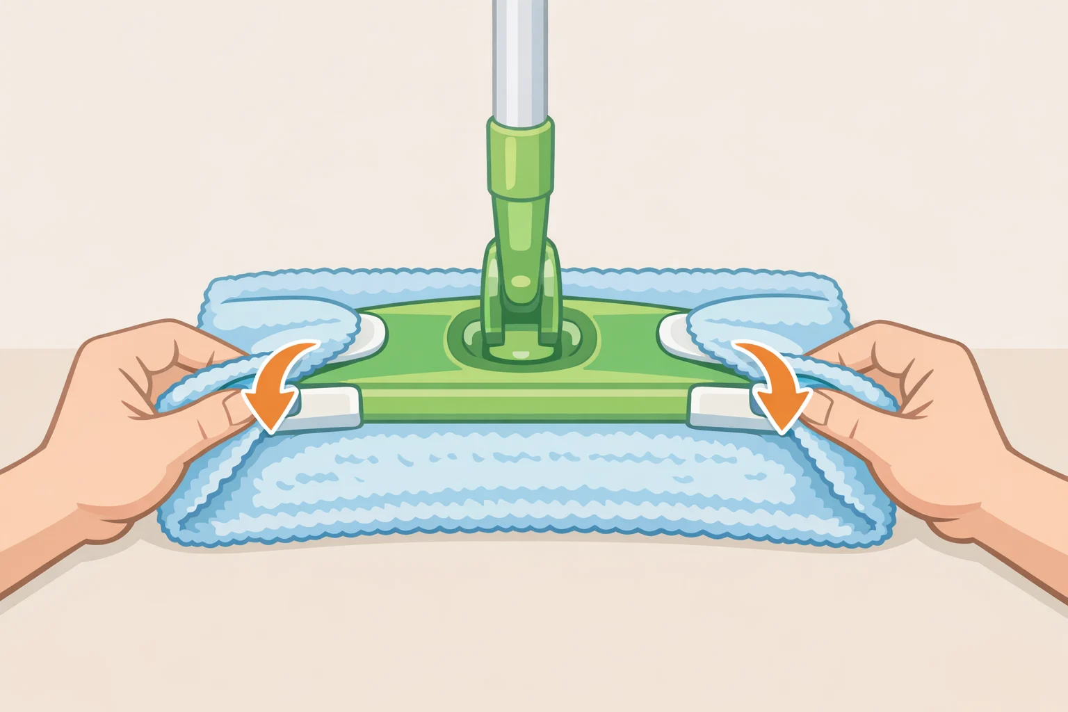 Microfiber cloth draped over the Swiffer head with edges tucked into the rubber grippers for effective lint-free dust pickup in tight spaces
