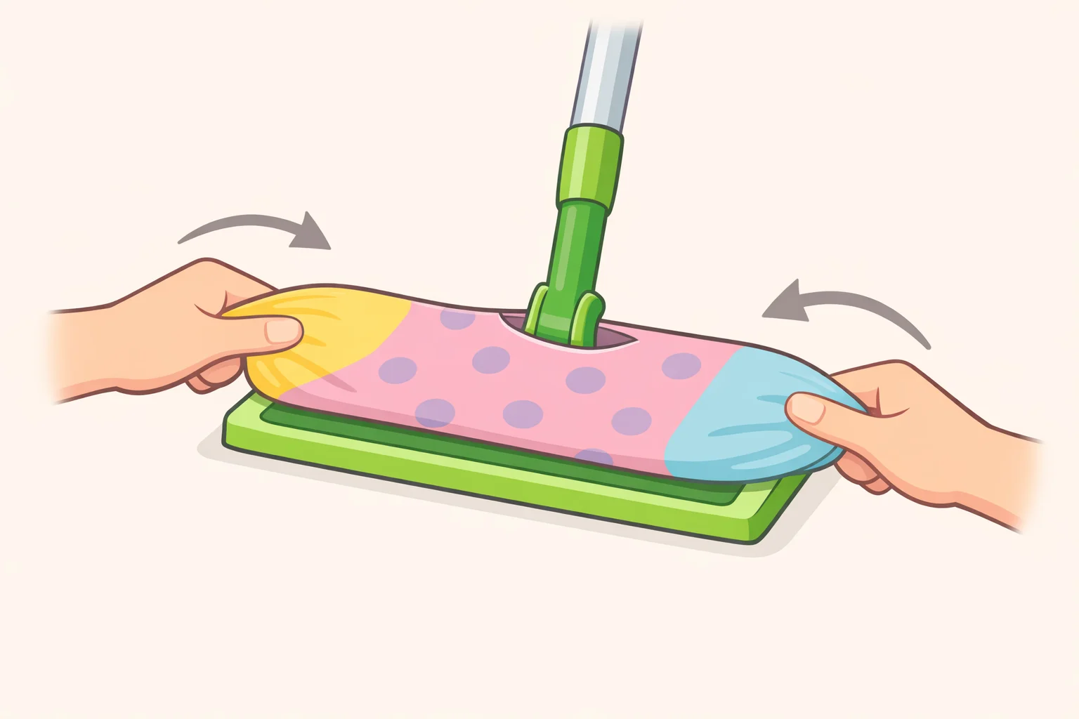 Step-by-step view of the Swiffer sock hack: a mismatched sock stretched tightly over the flat Swiffer base for snug coverage