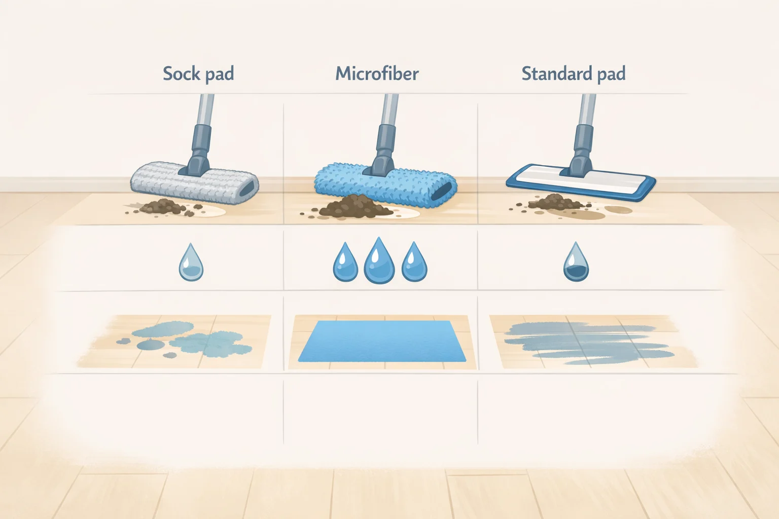 Side-by-side comparison graphic showing pickup ability, durability when damp, and coverage area for a sock, microfiber cloth, and a standard Swiffer pad