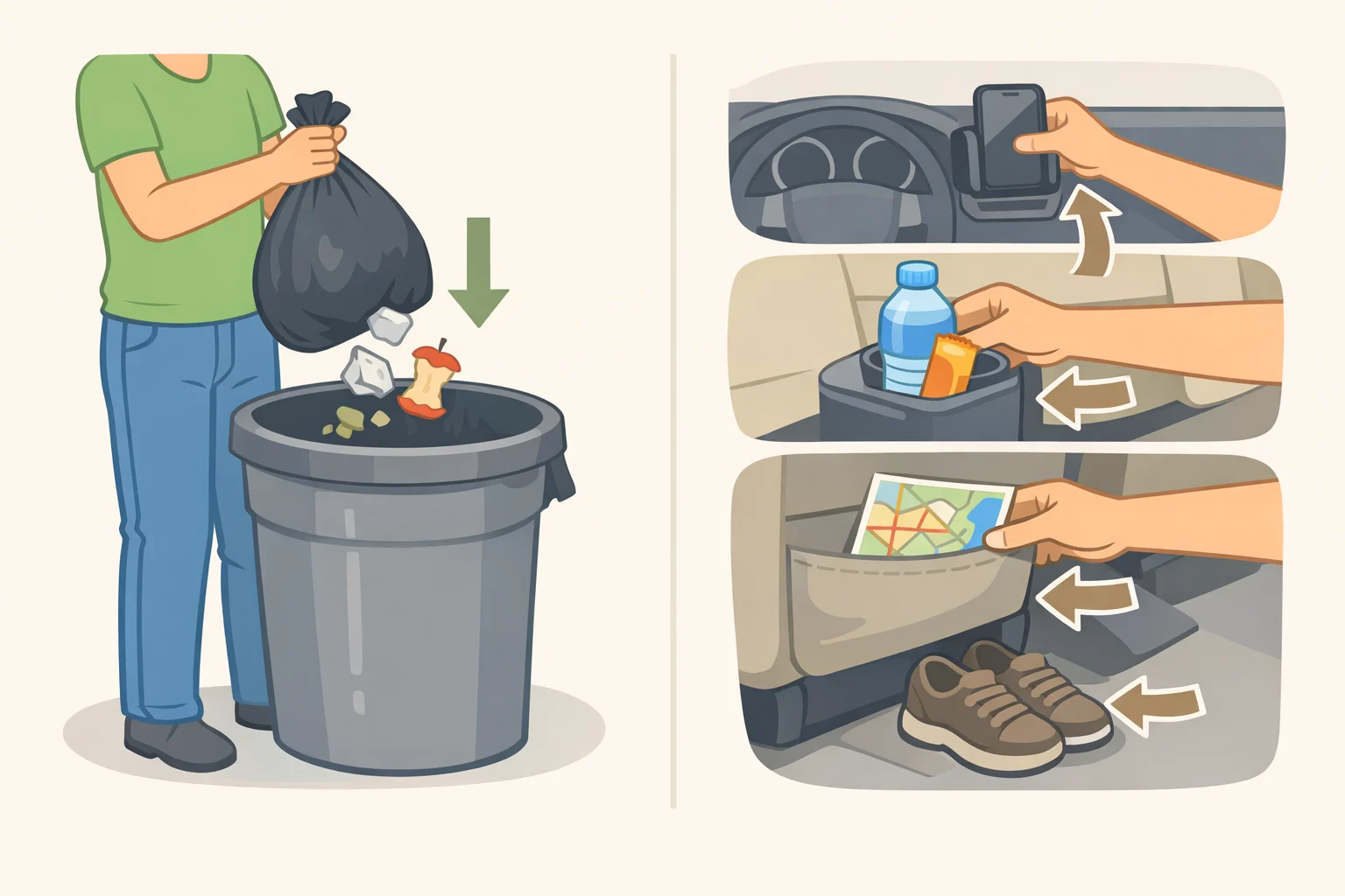 Rest-stop reset routine illustration: emptying the trash bag, clearing the driver's footwell, and moving items back to their designated zones before continuing.