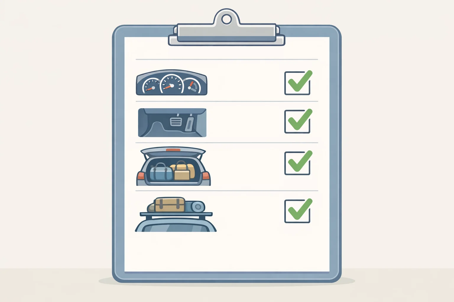 Pre-departure checklist illustration for road-trip organization, including clear footwell, assigned zones, emergency kit in a sealable bin, and roof rack strap inspection.