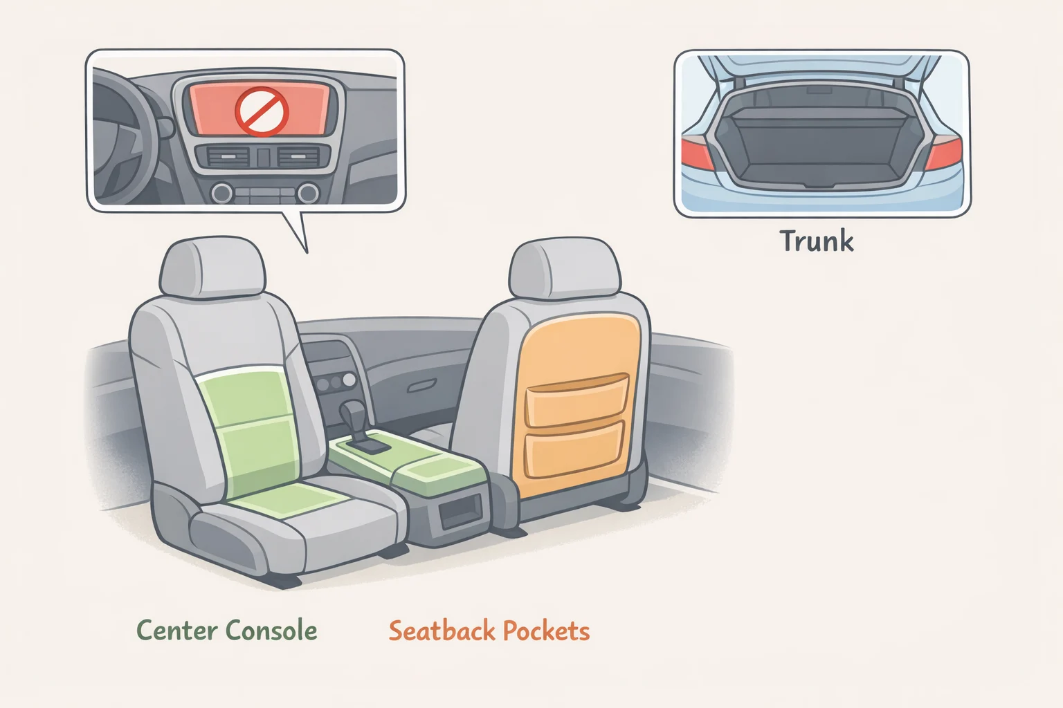 Zone map for how to keep your car clutter-free on road trips, showing center console/door pockets for small items, seatback pockets for tablets and books, trunk for heavy gear, and a clear dashboard.