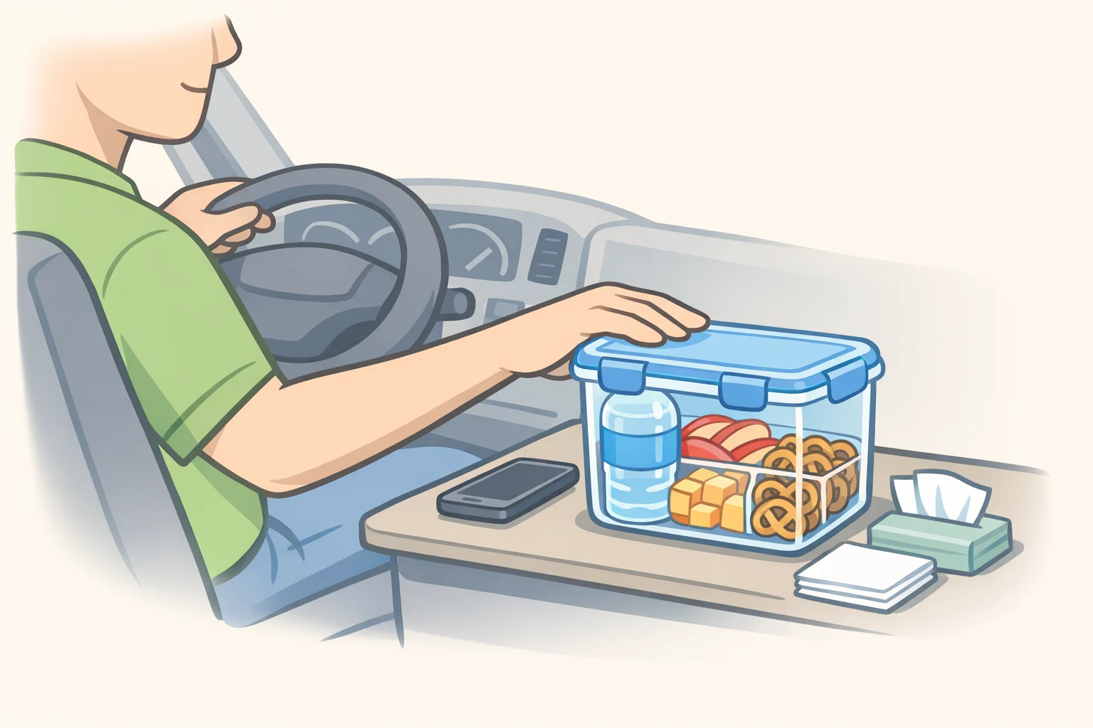 Driver and front passenger storage setup showing a contained snack and essentials station within arm's reach, with open bags and loose wrappers kept out of the cabin.