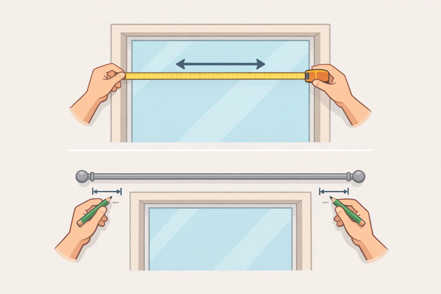 Illustration of a window with a curtain rod extending at least 16 inches past each side of the frame, showing the minimum rod span for a fuller, wider look