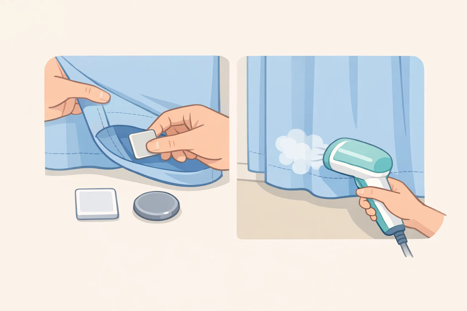 Step-by-step image of drapery weights sewn or inserted into the bottom hem pocket, followed by running a handheld steamer down the weighted curtain to set clean vertical folds