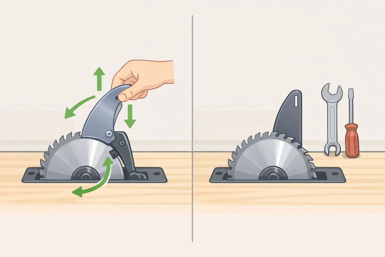 Side-by-side comparison graphic for riving knife vs splitter, including which parts move with the blade and when the splitter must be removed for bevel cuts