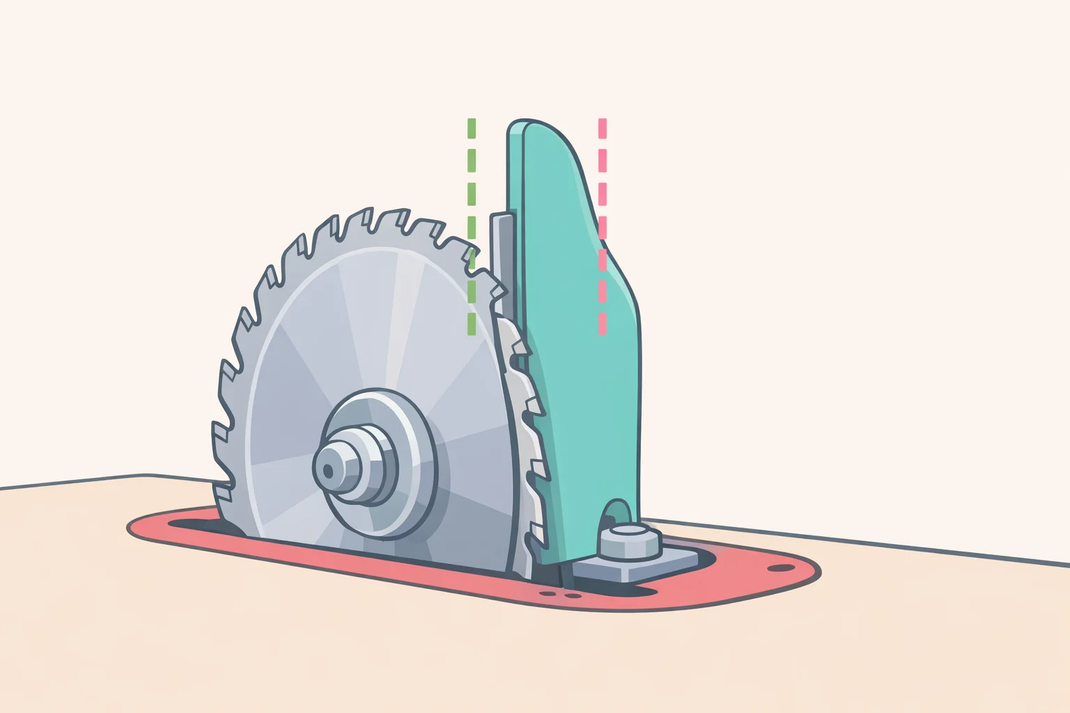 Close-up of a table saw riving knife installed on the arbor, showing the consistent 2 to 3 mm gap behind the blade at different height settings