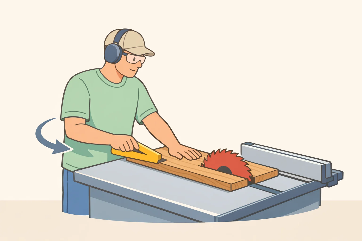 Illustration of a woodworker standing to the side of a table saw while feeding a board with the correct push tool, keeping hands out of the blade path