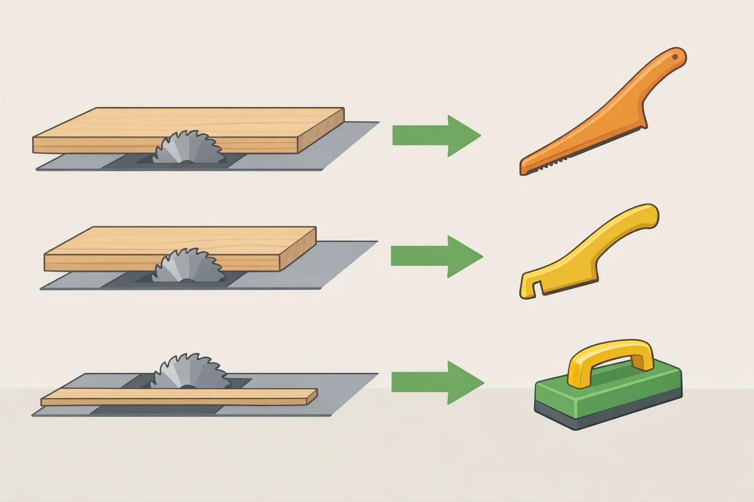 Diagram showing push stick and push block placement based on rip width thresholds (under 3 inches, 3 to 6 inches, and over 6 inches)