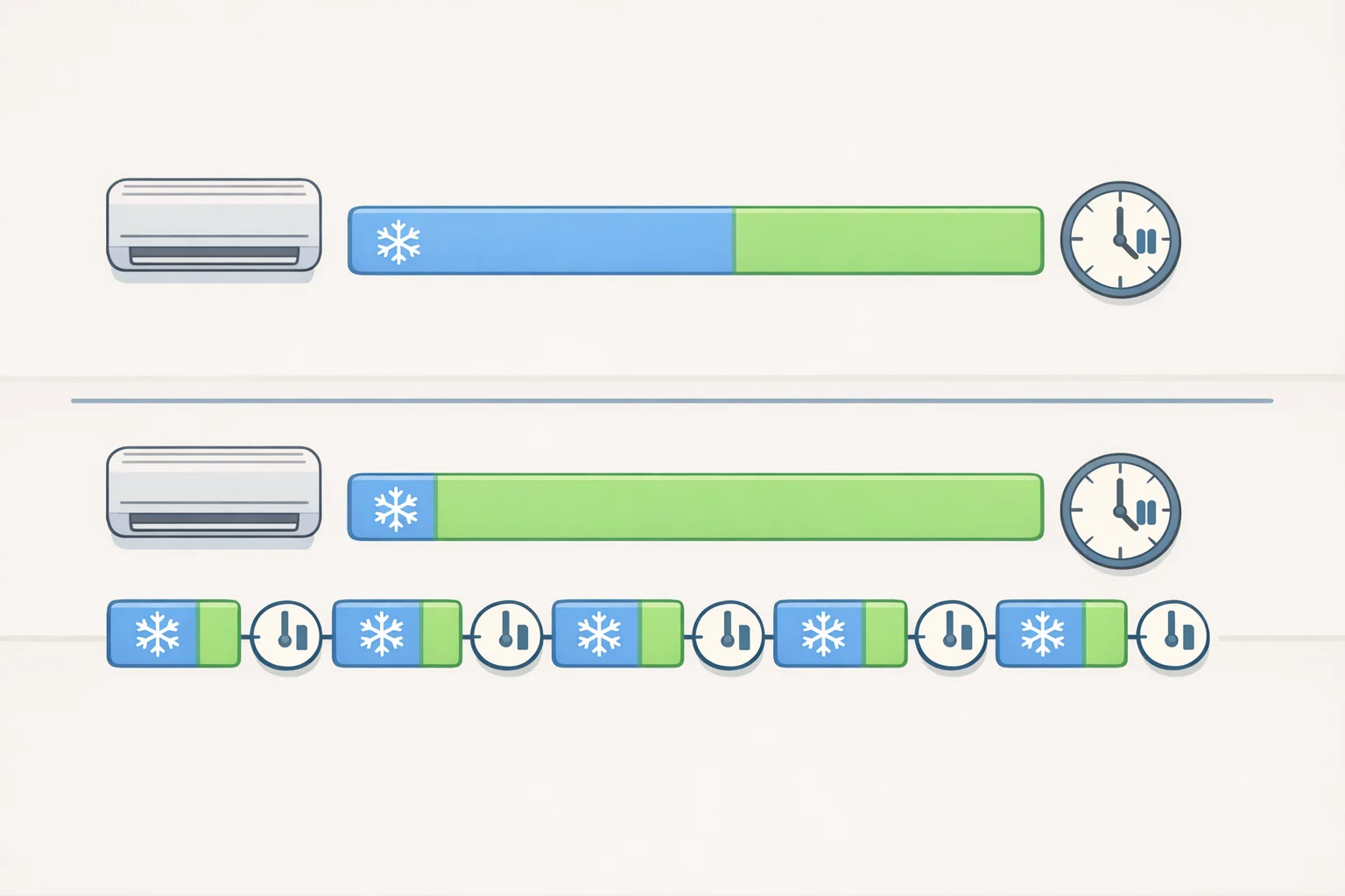 Split timeline graphic comparing normal AC cycles (15–20 minutes on) with short cycling (only a few minutes on before repeating), highlighting what the different patterns mean.