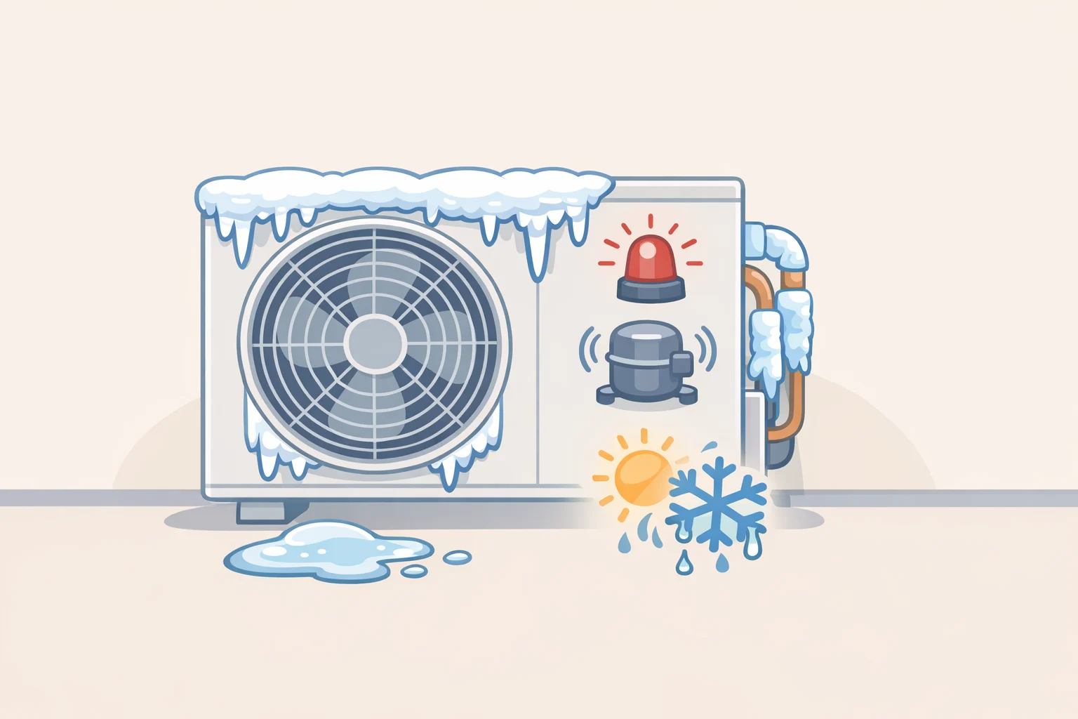 Outdoor and refrigerant line view with visible ice and indicators of weak cooling to represent low refrigerant causing the compressor to shut off early and short-cycle.