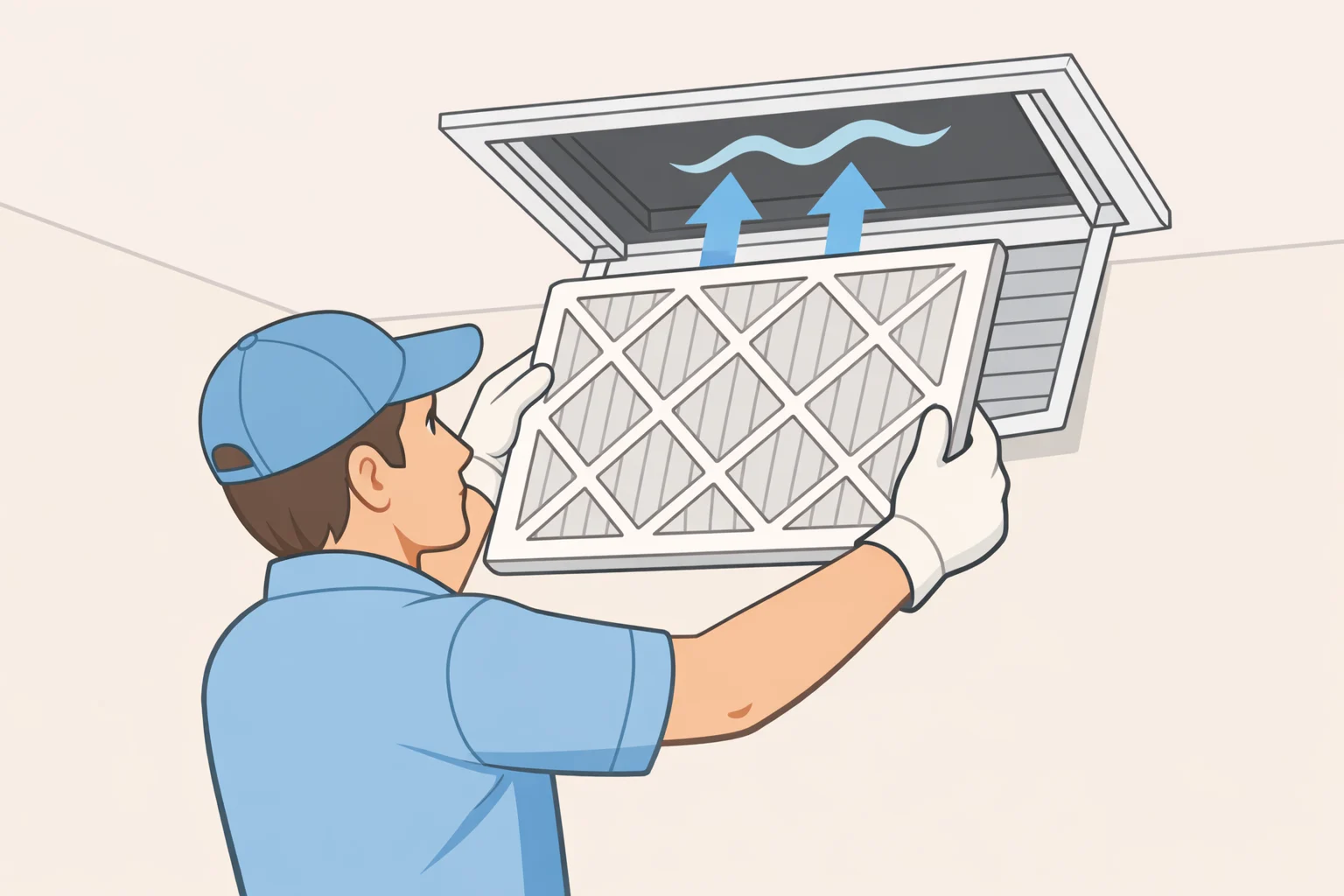 Homeowner replacing a clogged AC air filter with a clean one to prevent restricted airflow and reduce short cycling caused by a dirty filter.