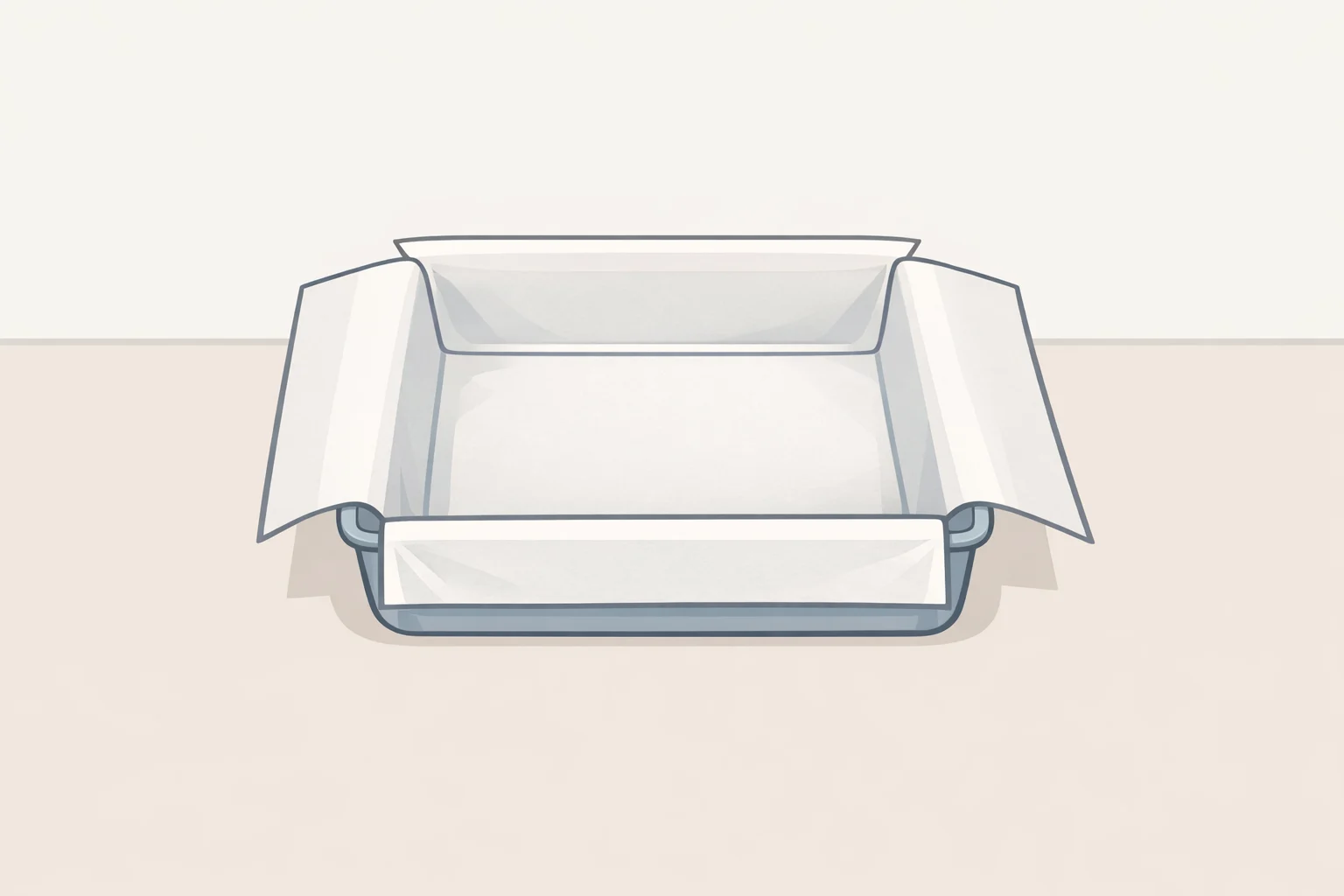 Illustration of an 8×8-inch baking pan lined with parchment paper overhangs on two sides to lift no bake peanut butter bars out cleanly