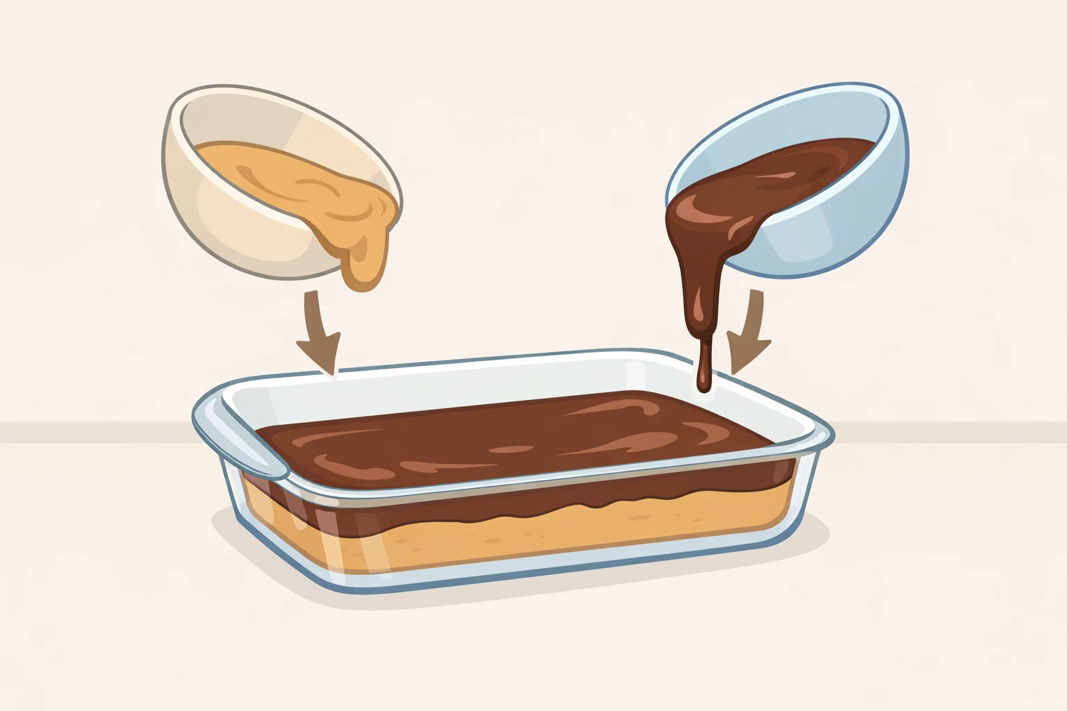 Cutaway-style illustration of no bake peanut butter bars with a pressed peanut butter layer topped with a thin chocolate-peanut butter coating ready to set