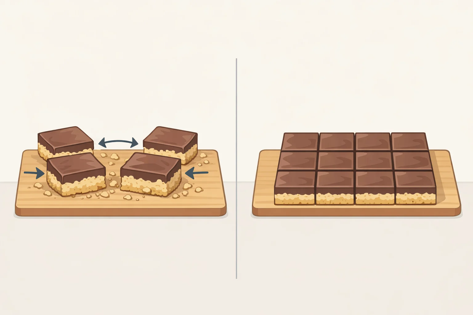 Side-by-side illustration showing chilled, firm no bake peanut butter bars with clean knife cuts versus bars that were cut too early and have chocolate sliding or peeling