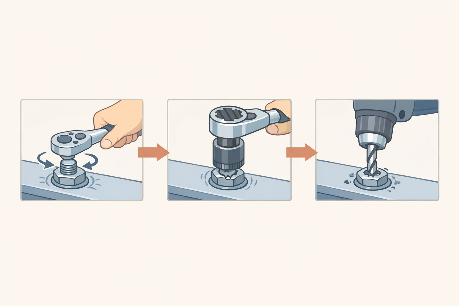 Decision-tree style illustration showing when to stop turning and escalate from penetrating fluid to heat or to extractor/drilling based on hex rounding and shaft twisting