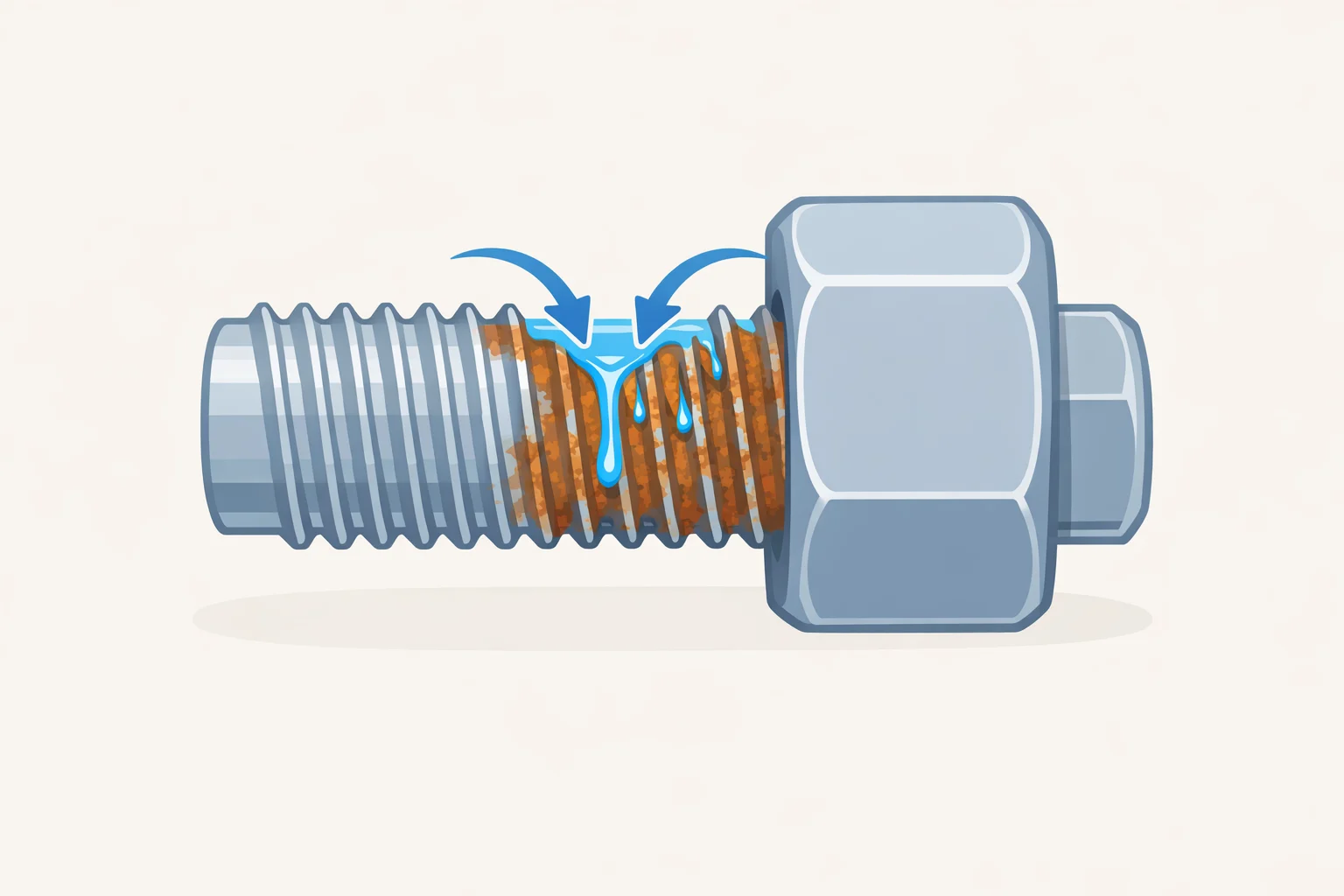 Diagram of capillary action pulling penetrating fluid into microscopic gaps between rusted bolt threads to explain how to loosen rusty bolts
