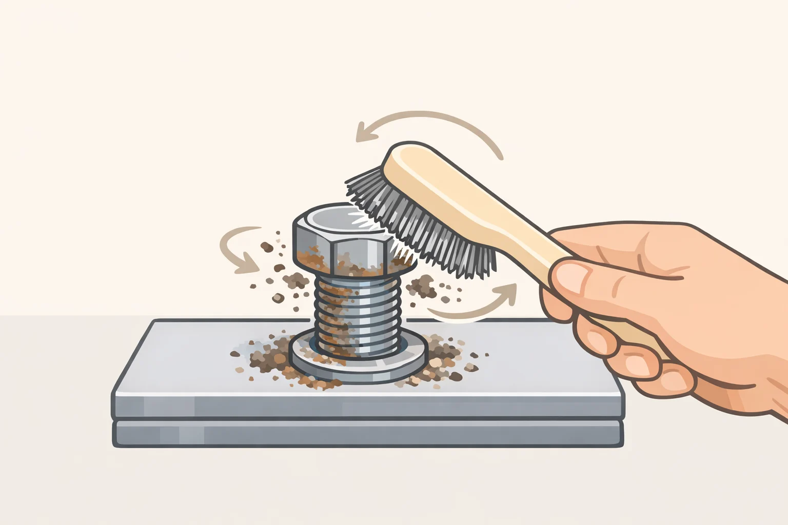 Illustration of a wire brush clearing grime from around a rusty bolt head so penetrating fluid can reach the thread interface