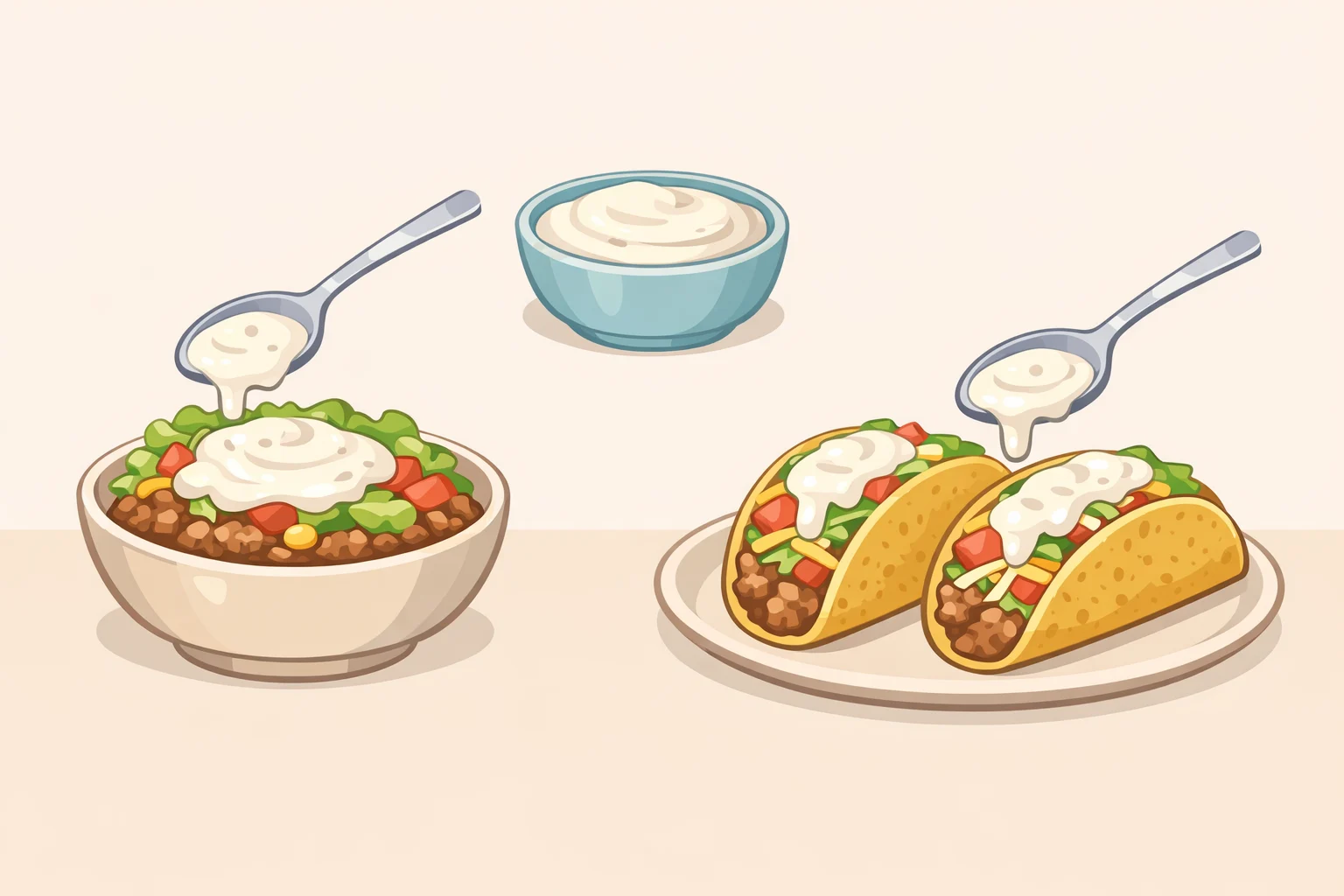 Tacos topped with the no-cook sour cream dip instead of serving it alongside chips
