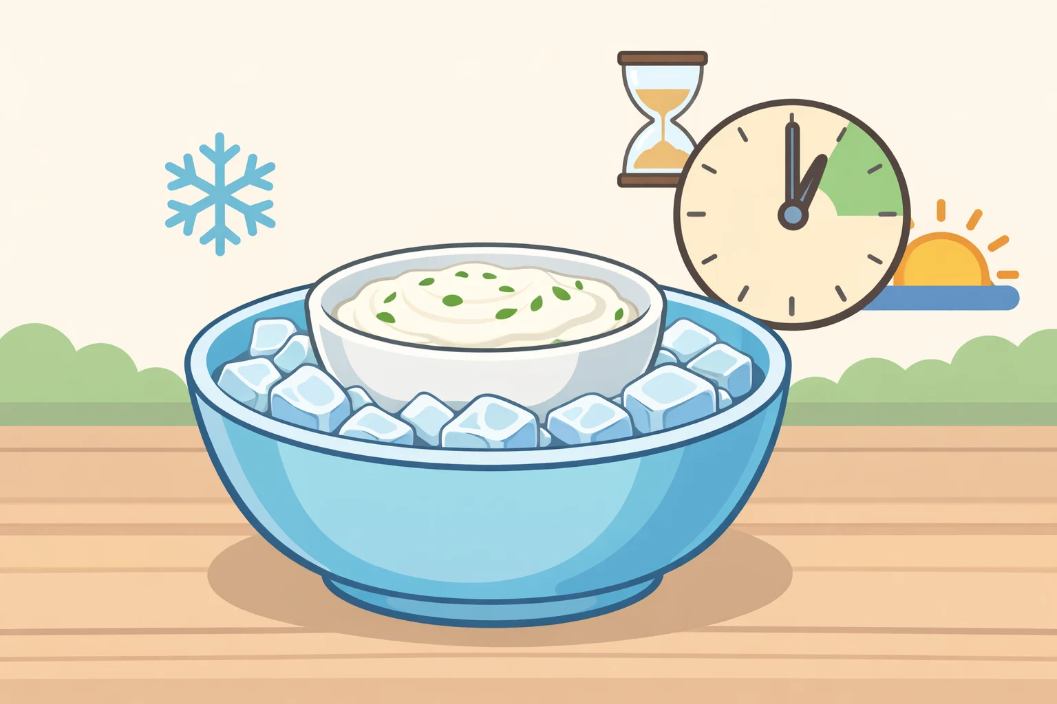 A serving bowl of taco dip placed inside a larger bowl filled with ice for safe outdoor serving