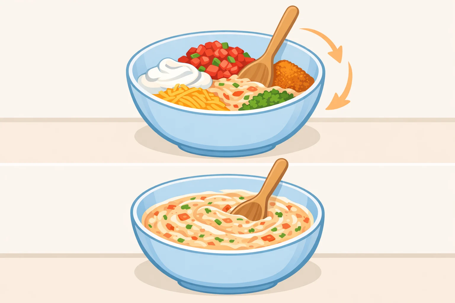 Mixing a boat dip recipe in a large bowl with sour cream, shredded cheese, Rotel, taco seasoning, and chopped cilantro until smooth
