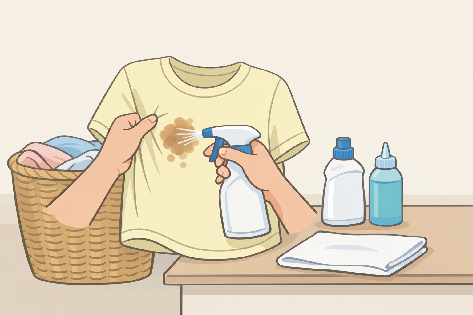 A hamper-side pre-treat station with spray bottle and brush, and a person dabbing pre-treater onto a stained shirt right after it's found
