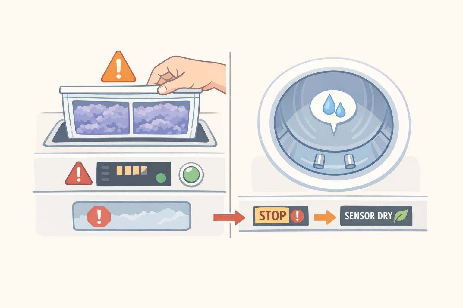 A dryer with lint trap highlighted and a control panel indicating sensor-dry or a shortened cycle, stopping once clothes reach optimal dryness to prevent static and fading